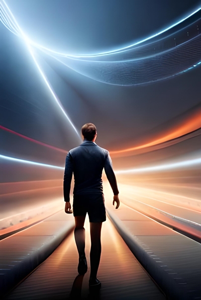 Un uomo cammina tra le luci dell'arena dei giochi